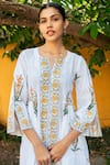 Maison Shefali_Ivory Cotton Hand Block Print Floral Notched Round Kurta And Pant Set _at_Aza_Fashions