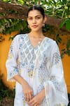 Shop_Maison Shefali_Ivory Cotton Hand Block Print Floral Boota V Neck Kurta Pant Set _Online_at_Aza_Fashions