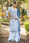 Maison Shefali_Ivory Cotton Hand Block Print Floral Boota V Neck Panelled Kurta Skirt Set _Online_at_Aza_Fashions