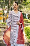 Maison Shefali_Ivory Cotton Hand Block Print Floral Boota V Neck Panelled Kurta Skirt Set _Online_at_Aza_Fashions