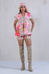 Buy_The Dramebaaz Co_White Art Twill Print Floral Blazer Lapel Collar Moonlit Mimosa T Shorts Set _at_Aza_Fashions