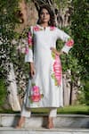 Buy_STUDIO TWELVE 11_Ivory Kurta Chanderi Silk Hand Painted Floral Notched And Pant Set _at_Aza_Fashions