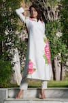 Shop_STUDIO TWELVE 11_Ivory Kurta Chanderi Silk Hand Painted Floral Notched And Pant Set _Online_at_Aza_Fashions