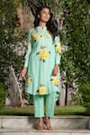 Shop_STUDIO TWELVE 11_Blue Kurta Chanderi Silk Embroidered Floral Skylight Asymmetric And Pant Set _Online_at_Aza_Fashions