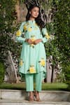 STUDIO TWELVE 11_Blue Kurta Chanderi Silk Embroidered Floral Skylight Asymmetric And Pant Set _at_Aza_Fashions