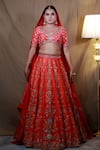 Shop_STUDIO TWELVE 11_Red Lehenga And Blouse Pure Raw Silk Embroidered Sequins V Neck Aari Bridal Set _at_Aza_Fashions