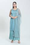 Buy_SWATI WADHWANI COUTURE_Blue Satin Hand Embroidery Bead Leaf Neck Aestral Kurta Sharara Set _at_Aza_Fashions