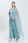 Buy_SWATI WADHWANI COUTURE_Blue Satin Hand Embroidery Bead Leaf Neck Aestral Kurta Sharara Set _Online_at_Aza_Fashions