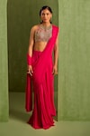 Buy_Neha Khullar_Pink Viscose Chinon Solid Pre-draped Saree With Dabka Embroidered Blouse_at_Aza_Fashions