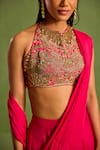 Neha Khullar_Pink Viscose Chinon Solid Pre-draped Saree With Dabka Embroidered Blouse_Online_at_Aza_Fashions