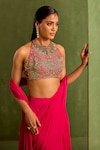 Buy_Neha Khullar_Pink Viscose Chinon Solid Pre-draped Saree With Dabka Embroidered Blouse_Online_at_Aza_Fashions