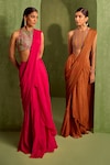 Neha Khullar_Pink Viscose Chinon Solid Pre-draped Saree With Dabka Embroidered Blouse_at_Aza_Fashions