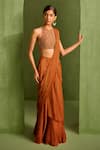 Buy_Neha Khullar_Orange Viscose Chinon Geometric Printed Pre-draped Saree With Embroidered Blouse_at_Aza_Fashions
