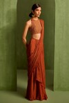 Shop_Neha Khullar_Orange Viscose Chinon Geometric Printed Pre-draped Saree With Embroidered Blouse_Online_at_Aza_Fashions