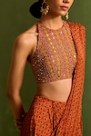 Neha Khullar_Orange Viscose Chinon Geometric Printed Pre-draped Saree With Embroidered Blouse_at_Aza_Fashions