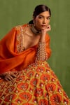 Shop_Neha Khullar_Orange Viscose Raw Silk Embellished Floral Geometric Mughal Printed Lehenga Set