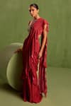 Neha Khullar_Pink Viscose Chinon Printed Pre-draped Ruffle Saree With Cut-out Blouse_Online_at_Aza_Fashions