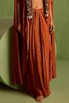 Neha Khullar_Orange Viscose Chinon Embellished Bead Cape Geometric Printed Draped Skirt Set_Online_at_Aza_Fashions