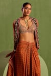 Buy_Neha Khullar_Orange Viscose Chinon Embellished Bead Cape Geometric Printed Draped Skirt Set_Online_at_Aza_Fashions