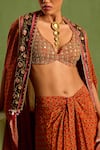 Shop_Neha Khullar_Orange Viscose Chinon Embellished Bead Cape Geometric Printed Draped Skirt Set_Online_at_Aza_Fashions