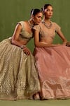 Buy_Neha Khullar_Pink Banarasi Chanderi Woven Geometric V-neck Jaal Lehenga Set_Online_at_Aza_Fashions