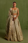 Buy_Neha Khullar_Green Banarasi Chanderi Woven Geometric Sweetheart Jaal Lehenga Set_at_Aza_Fashions