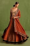 Buy_Neha Khullar_Orange Viscose Raw Silk Floral Geometric Printed Panelled Lehenga Set 