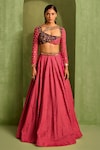 Neha Khullar_Pink Viscose Raw Silk Print Motif Asymmetric Cutwork Neck Lehenga And Blouse Set_Online_at_Aza_Fashions