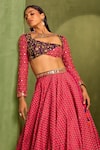 Shop_Neha Khullar_Pink Viscose Raw Silk Print Motif Asymmetric Cutwork Neck Lehenga And Blouse Set_Online_at_Aza_Fashions