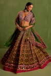 Buy_Neha Khullar_Green Viscose Raw Silk Print Quatrefoil Plunging V Hand Embroidered Lehenga Set _at_Aza_Fashions