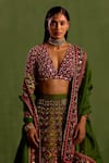 Buy_Neha Khullar_Green Viscose Raw Silk Print Quatrefoil Plunging V Hand Embroidered Lehenga Set _Online_at_Aza_Fashions