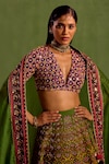 Shop_Neha Khullar_Green Viscose Raw Silk Print Quatrefoil Plunging V Hand Embroidered Lehenga Set _at_Aza_Fashions