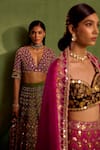 Shop_Neha Khullar_Green Viscose Raw Silk Print Quatrefoil Plunging V Hand Embroidered Lehenga Set_Online_at_Aza_Fashions