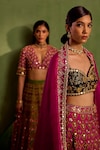 Neha Khullar_Green Viscose Raw Silk Print Quatrefoil Plunging V Hand Embroidered Lehenga Set_at_Aza_Fashions