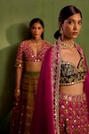 Neha Khullar_Green Viscose Raw Silk Print Quatrefoil Plunging V Hand Embroidered Lehenga Set _at_Aza_Fashions