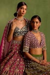 Buy_Neha Khullar_Green Viscose Raw Silk Print Quatrefoil Plunging V Hand Embroidered Lehenga Set 