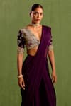 Neha Khullar_Purple Viscose Chinon Embroidered Blouse Pre-draped Saree With Abstract Hand_Online_at_Aza_Fashions