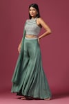 Shop_Two Sisters By Gyans_Green Crop Top And Sharara Georgette Embroidery Swarovski Round High Neck Set_Online_at_Aza_Fashions