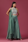 Two Sisters By Gyans_Green Crop Top And Sharara Georgette Embroidery Swarovski Round High Neck Set_at_Aza_Fashions