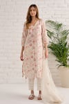 Buy_Bhawna Sethi_Ivory Kurta And Pant Pure Cotton Silk Printed Floral V Neck Lily & Leaf Set _at_Aza_Fashions