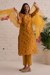 Bhawna Sethi_Yellow Kurta Pure Cotton Chanderi Printed Floral V Neck Hyacinth Set _Online_at_Aza_Fashions