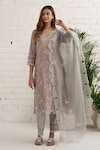 Buy_Bhawna Sethi_Grey Kurta And Pant Pure Cotton Silk Printed Floral V Neck Hibiscus & Leaf Set_at_Aza_Fashions