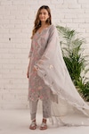 Bhawna Sethi_Grey Kurta And Pant Pure Cotton Silk Printed Floral V Neck Hibiscus & Leaf Set_Online_at_Aza_Fashions