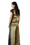 East14_Gold Liquid Organza Printed Metallic Lapel Collar Jumpsuit _at_Aza_Fashions