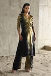 Buy_East14_Gold Liquid Organza Printed Metallic V-neck Kurta _at_Aza_Fashions