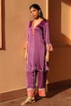 Shop_Bhawna Sethi_Purple Pure Satin Georgette Embellished Thread V Neck Dove Zardozi Kurta Set _Online_at_Aza_Fashions