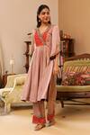 Bhawna Sethi_Beige Pure Satin Georgette Embroidered Floral V Neck Sepia Yoke Kurta Set_Online_at_Aza_Fashions