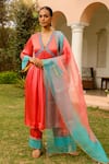 Buy_Bhawna Sethi_Coral Pure Satin Georgette Embroidered Zardozi Plunge V Neck Kurta Set_at_Aza_Fashions