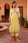 Buy_Bhawna Sethi_Yellow Pure Satin Georgette Hand Butter Angarkha Anarkali With Pant _at_Aza_Fashions