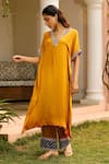 Buy_Bhawna Sethi_Yellow Pure Satin Georgette Embroidered Zardozi V Honey Hem Kaftan With Pant_at_Aza_Fashions